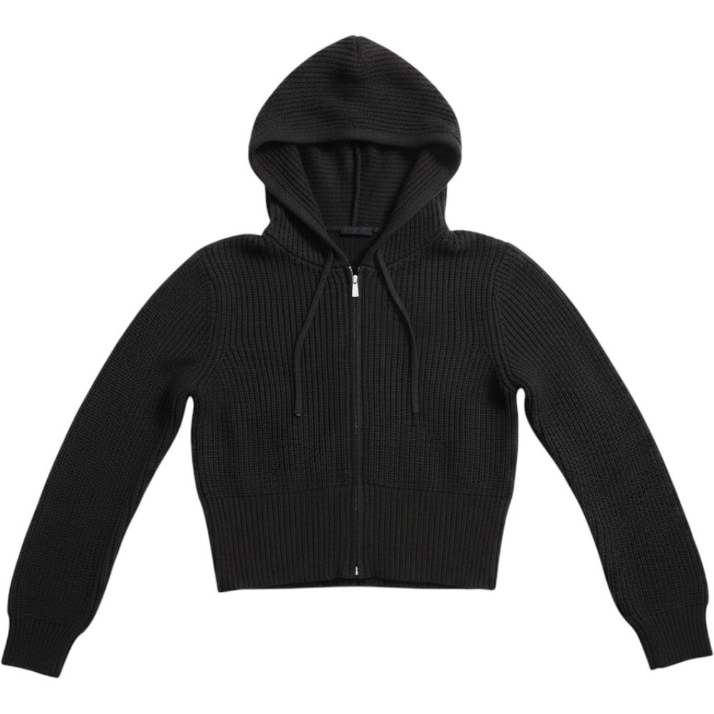 Cropped Zip Up Hoodie Ribbed Knit Sweater Long Sleeve Jacket Black X Small